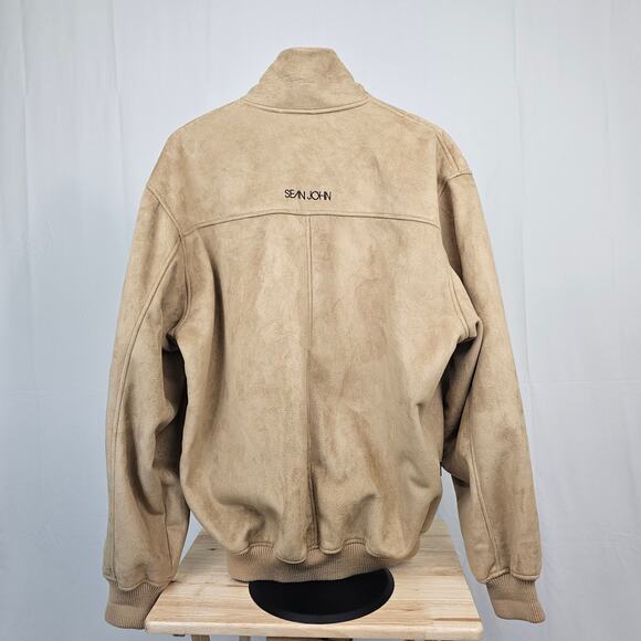 Vintage Sean John Bomber Jacket Men’s M Beige Faux Suede Logo Patch Y2K - Picture 3 of 8